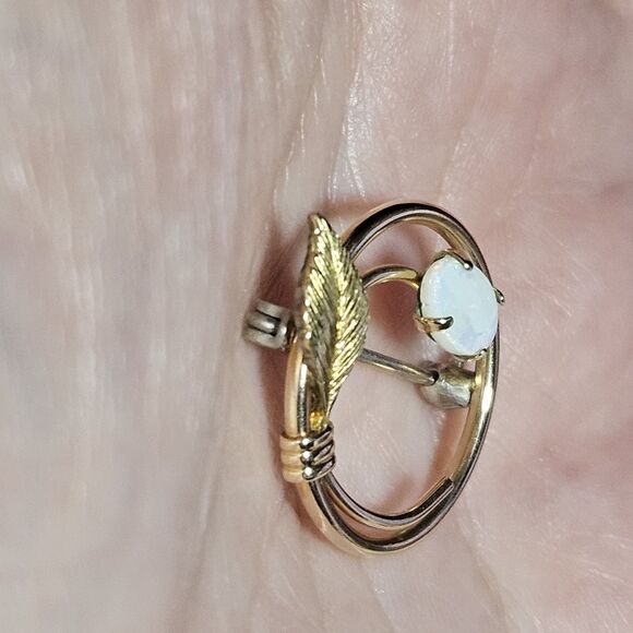 *Sale* Vintage Krementz Circle Leaf 14K Gold Filled Real Fire Opal Small Brooch - Picture 3 of 10